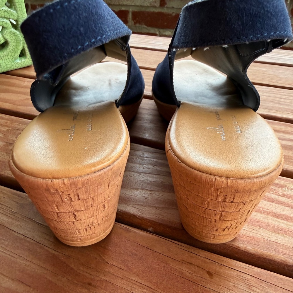 Mila Paoli Navy Blue Leather Suede Slingback Wedge Sandals Made in Italy 8.5 - Picture 6 of 10